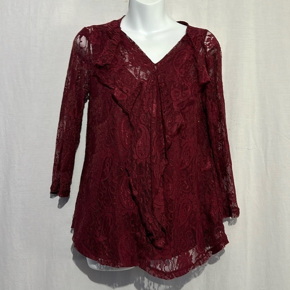 Cato Burgundy Lace Overlay Blouse Size Medium - Picture 1 of 5